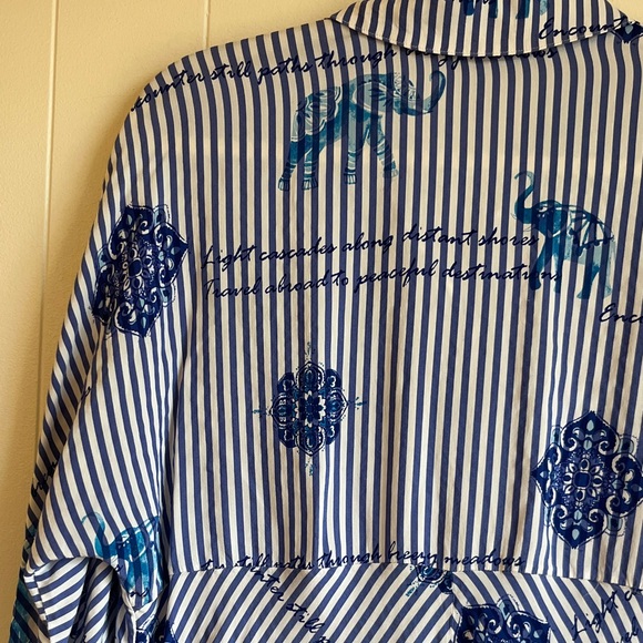 Chico's Blue and White Striped Button Down Elephant Floral Shirt Sz 1 or 8-10 - Picture 14 of 15